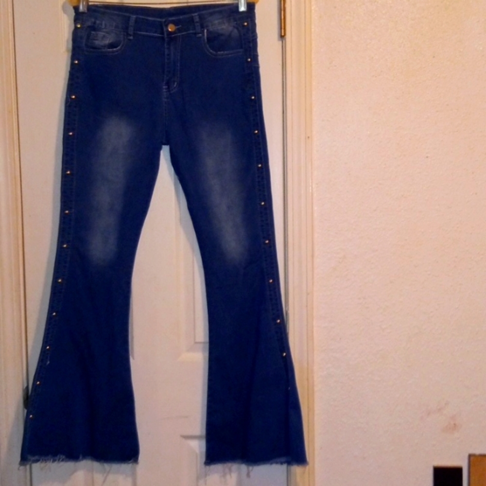 Flare Leg Dark Wash Stud Embellished Jeans